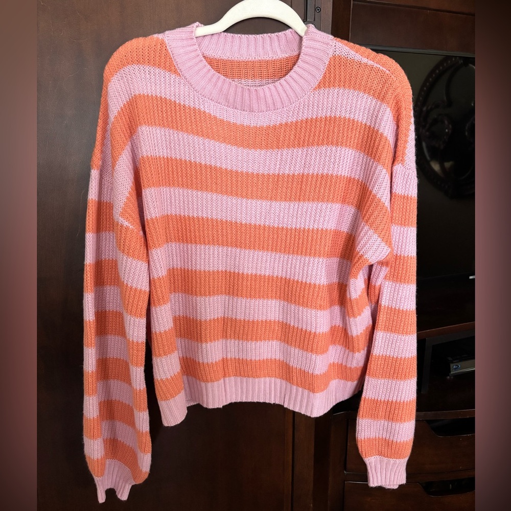 Orange and pinkish/lilac striped sweater, size large L also fits medium M